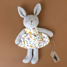 Load image into Gallery viewer, organic-cotton-grey-bunny-friend-rose-and-ochre-floral-stuffed-animal