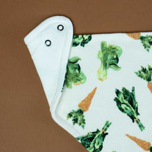 Load image into Gallery viewer, detail-of-kerchief-showing-snaps-and-carrot-and-greens-print