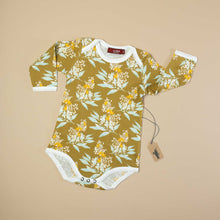 Load image into Gallery viewer, organic-cotton-long-sleeve-onesie-gold-floral
