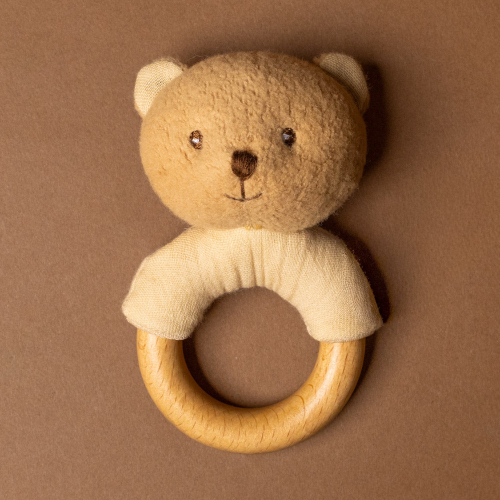 organic-cotton-marcel-bear-rattle Teddy bear-shaped wooden ring 