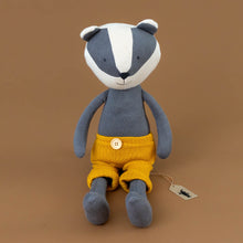 Load image into Gallery viewer, organic-knit-woodland-pal-benny-badger-yellow-shorts-stuffed-animal