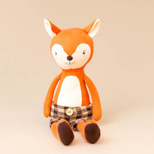 Load image into Gallery viewer, organic-knit-woodland-pal-franky-fox-with-plaid-shorts-stuffed-animal