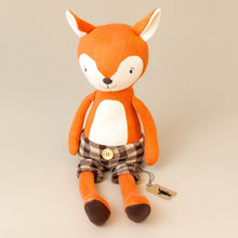 Load image into Gallery viewer, organic-knit-woodland-pal-franky-fox-with-plaid-shorts-stuffed-animal