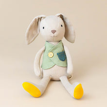 Load image into Gallery viewer, organic-knit-woodland-pal-luca-bunny-with-green-vest-stuffed-animal