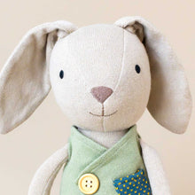 Load image into Gallery viewer, organic-knit-woodland-pal-luca-bunny-with-green-vest-stuffed-animal-face-with-embriodiered-eyes-nose-mouth