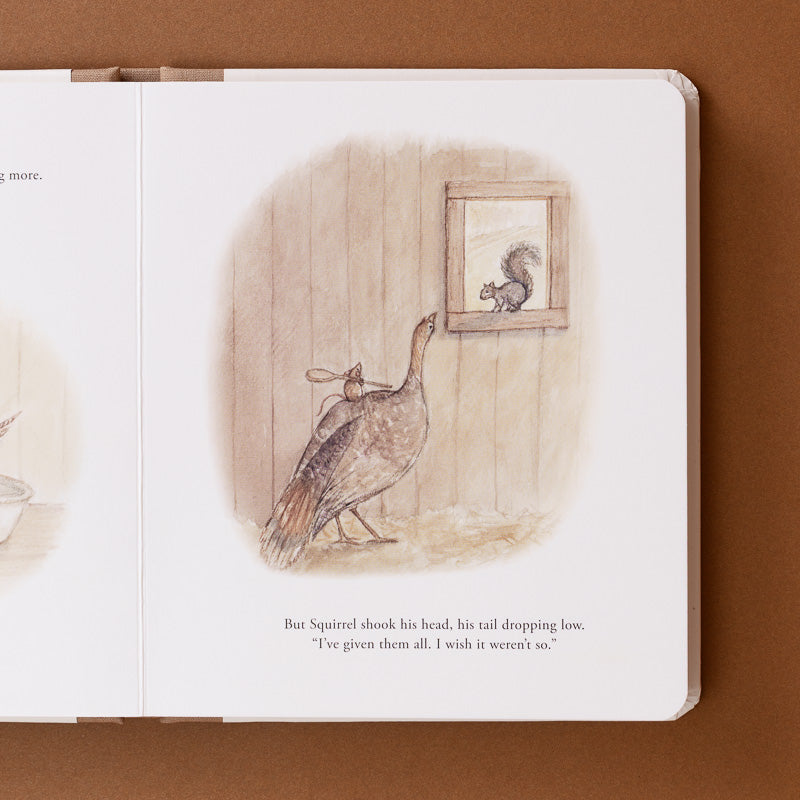 An open children's book spread showing a vintage-style illustration of a turkey and a squirrel in a wood-paneled room, with printed text below. The book pages are set against a warm brown background.
