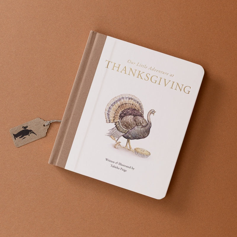 A children's hardcover book titled "Our Little Adventure at Thanksgiving" with a turkey illustration on the cover, photographed on a warm brown background. A small hanging tag with a turkey silhouette is attached to the book.