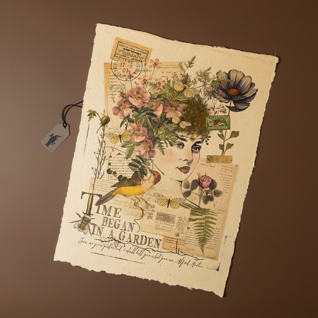 Vintage-style paper-print-a-garden with a woman's face surrounded by flowers and text on a brown background