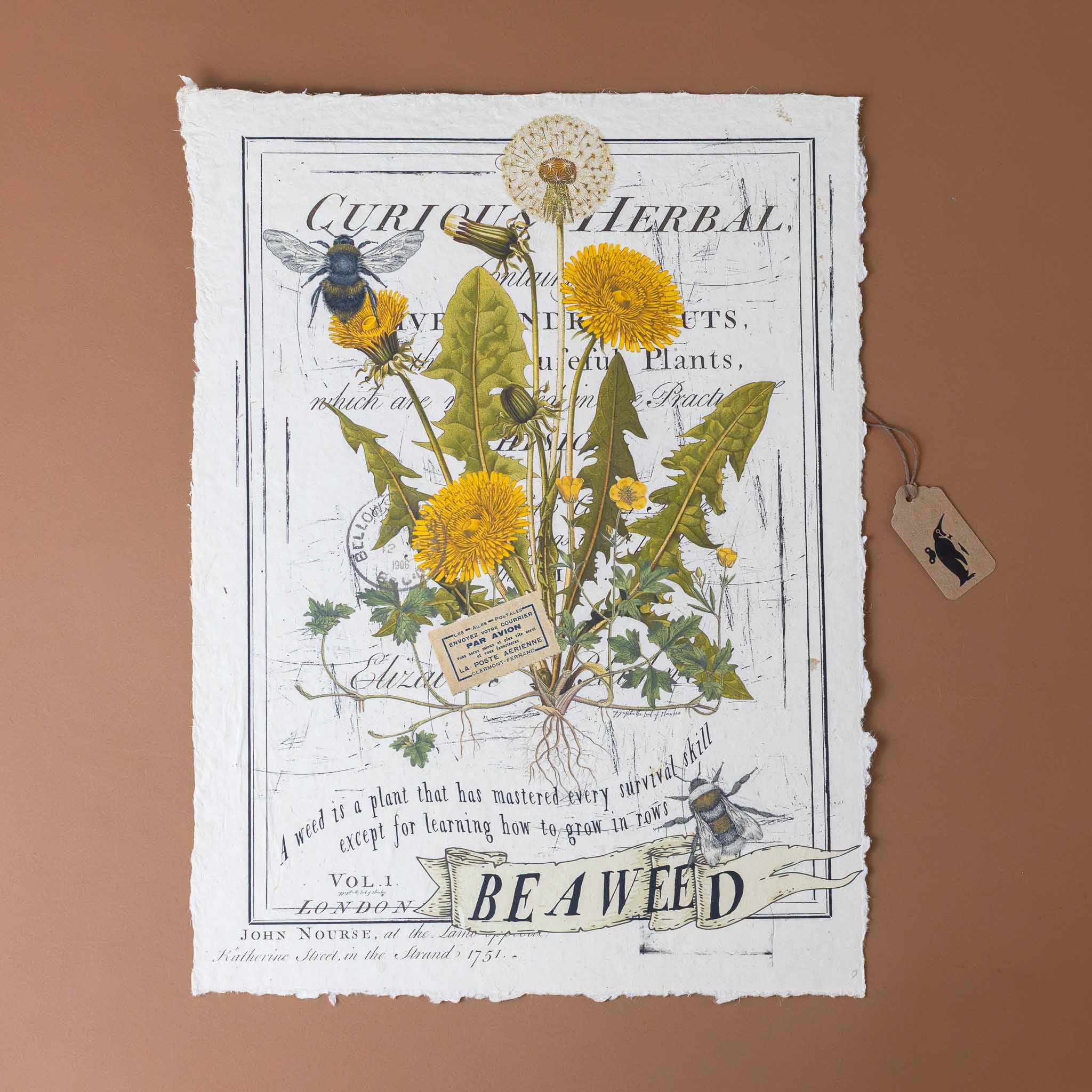 paper-print-be-a-weed-image-of-dandelions-and-bees-along-with-script-text-in-antique-style