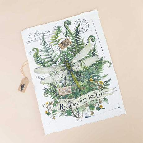 paper-print-be-brave-with-your-life-with-a-dragonfly-ferns-flowers-and-postmarks-layered-with-vintage-script