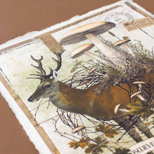 Load image into Gallery viewer, detail-of-deer-and-fungi-print-with-brown-ochre-black-green-coloring