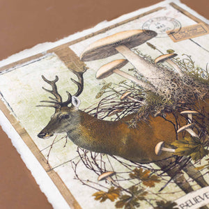 detail-of-deer-and-fungi-print-with-brown-ochre-black-green-coloring