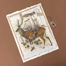 Load image into Gallery viewer, paper-print-beautiful-dreams-deer-with-folliage-and-fungi-along-with-eiffel-tower-stamp-and-plane-ticket-layered-with-a-vintage-sepia-look