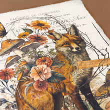 Load image into Gallery viewer, detail-of-fox-face-with-many-pink-flowers-such-as-zinnia-mushrooms-foliage-and-script