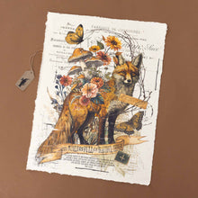 Load image into Gallery viewer, paper-print-beautiful-things-fox-adorn-with-zinnias-mushrooms-butterflies-surrounded-by-scripted-vintage-text-and-typeset-with-a-sepia-effect