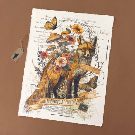 paper-print-beautiful-things-fox-adorn-with-zinnias-mushrooms-butterflies-surrounded-by-scripted-vintage-text-and-typeset-with-a-sepia-effect