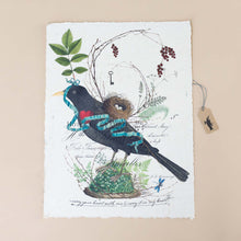 Load image into Gallery viewer, paper-print-carry-your-heart-in-my-heart-with-image-of-bird-holding-nest-of-eggs-amongst-a-blue-ribbon-branches-ferns-and-grasses-with-underlay-of-soft-vintage-script