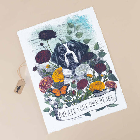 paper-print-create-your-own-peace-with-bird-dog-amongst-pink-yellow-red-ranunculus-butterflies-and-branches-with-various-old-scripts-underlying