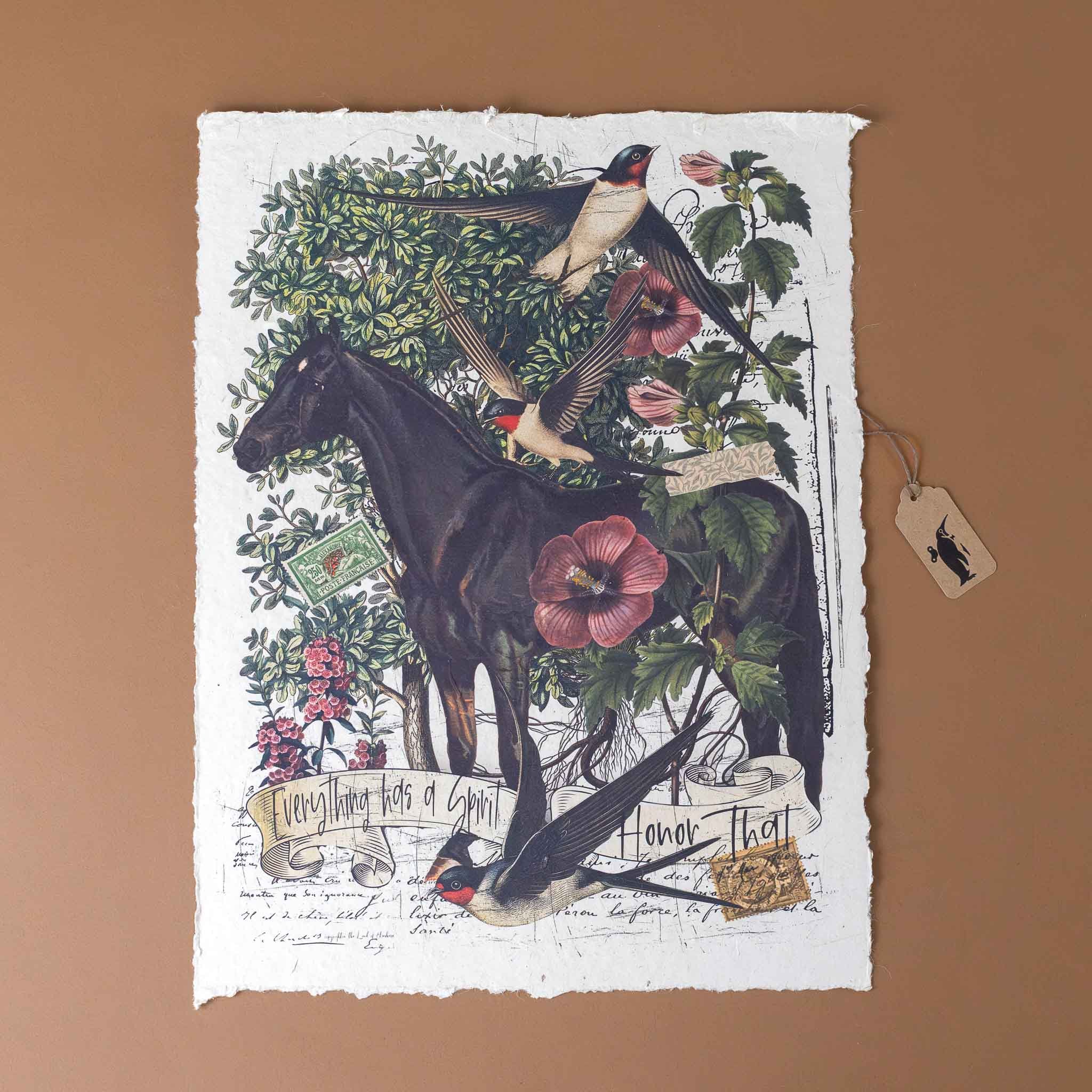 paper-print-everything-has-a-spirit-image-of-horse-and-birds-against-hedge-with-black-script-scroll