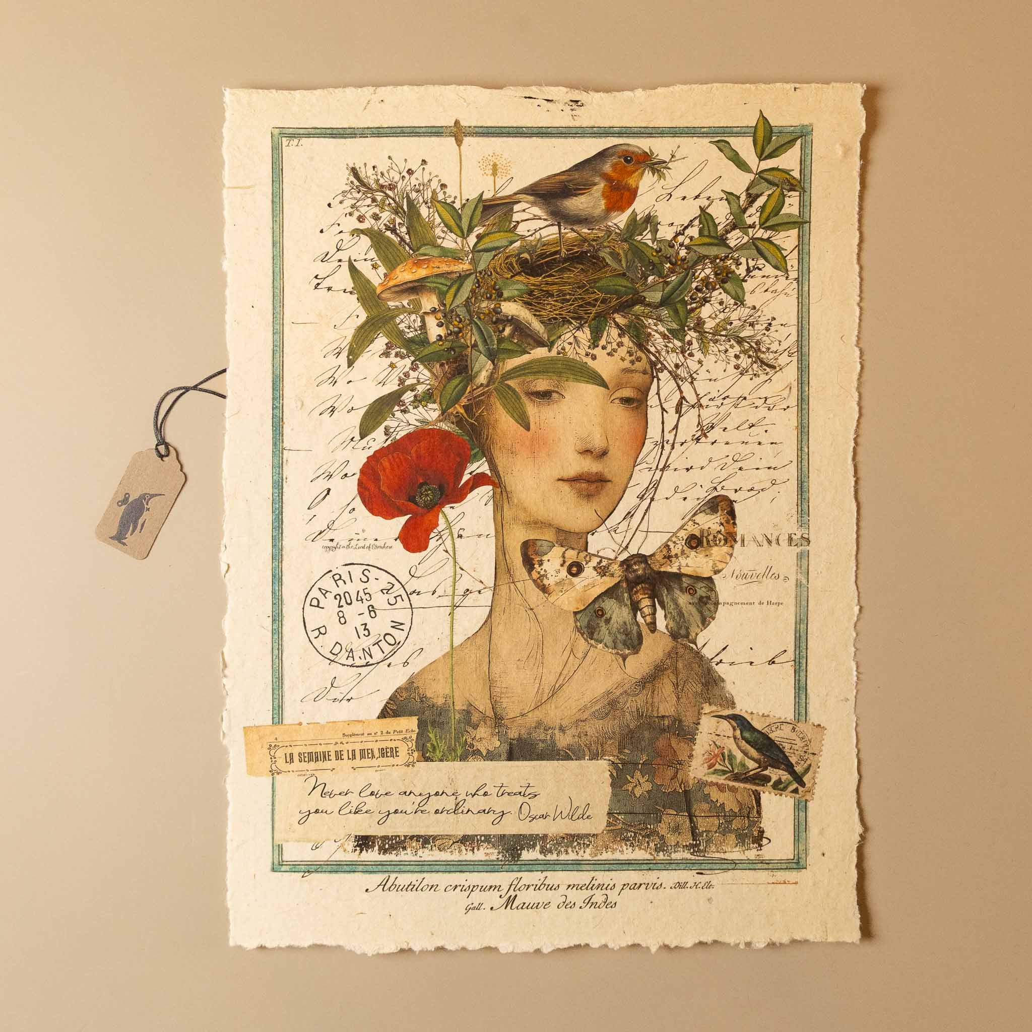 paper-print-extraordinary of a woman's face with nature elements on a textured background
