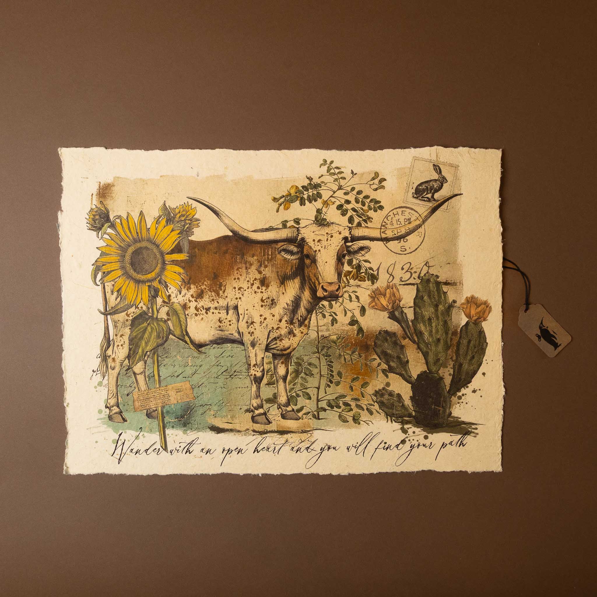 Vintage-style paper-print-find-your-path of a longhorn cow with a sunflower and cactus on a textured brown background.