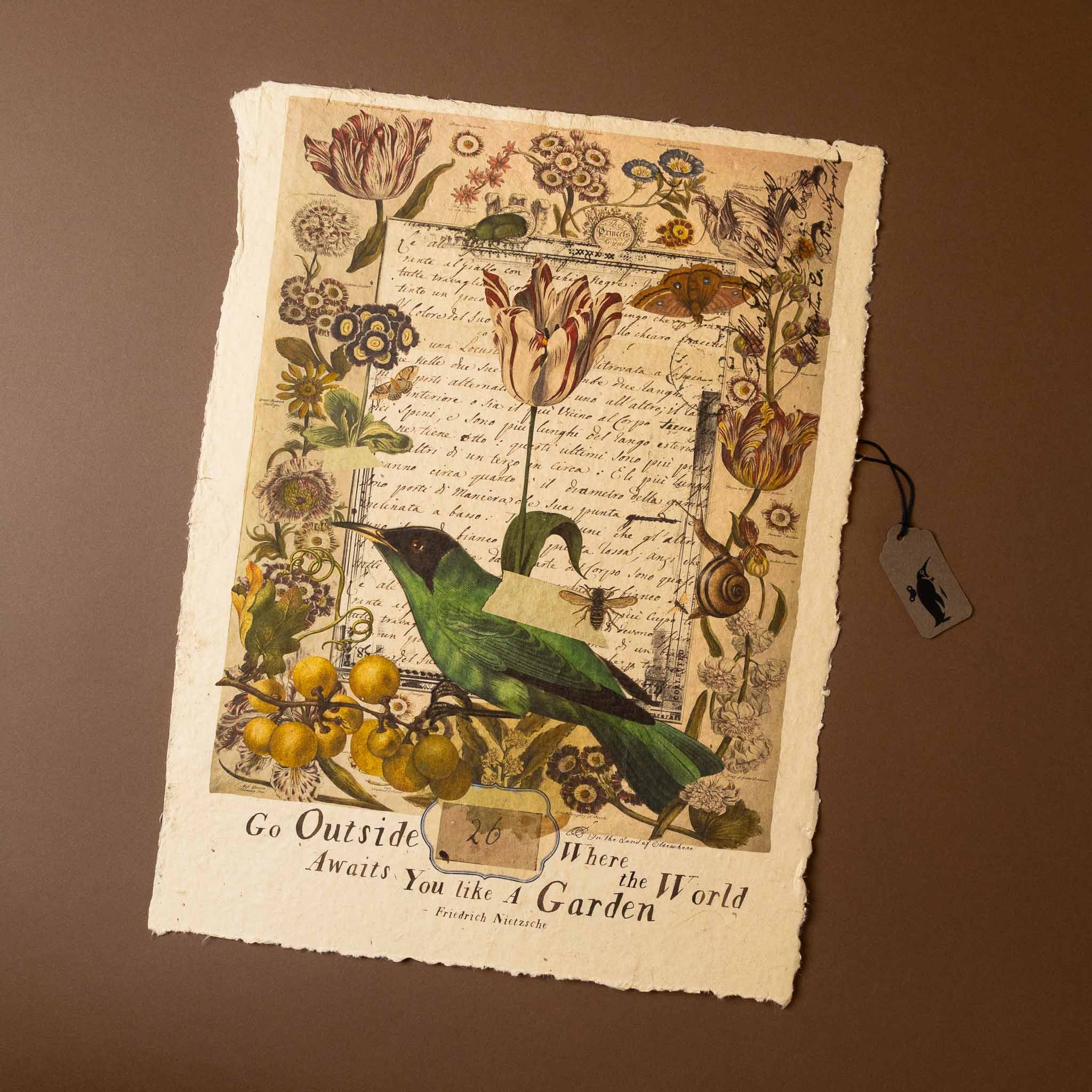 Decorative paper-print-go-outside with a bird, flowers, and text on a brown background
