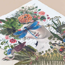 Load image into Gallery viewer, detail-of-face-layered-with-flowers-ferns-grasses-dragonfly-postmarks-overlaying-script