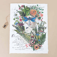 Load image into Gallery viewer, paper-print-magic-is-all-around-us-with-face-with-nature-crown-of-flowers-grasses-ferns-with-birds-animals-mushroom-dragonfly-butterfly-ribbons