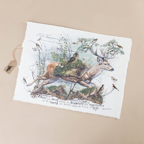 paper-print-mysteries-of-the-earth-with-quote-those-who-dwell-among-the-beauties-and-mysteries-of-earth-are-never-alone-or-weary-of-lift-with-deer-carrying-an-owl-with-a-grassland-saddle-among-birds-and-butterflies