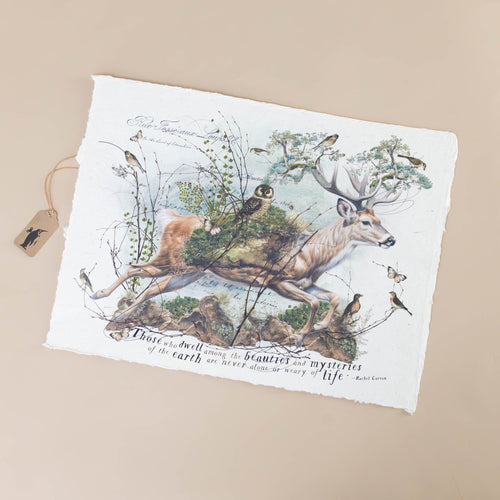 paper-print-mysteries-of-the-earth-with-quote-those-who-dwell-among-the-beauties-and-mysteries-of-earth-are-never-alone-or-weary-of-lift-with-deer-carrying-an-owl-with-a-grassland-saddle-among-birds-and-butterflies