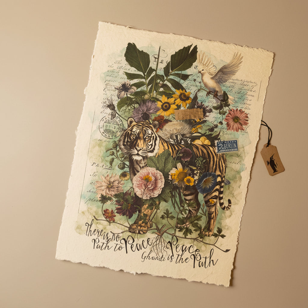 paper-print-peace-is-the-path with a tiger, flowers, and text on a beige background