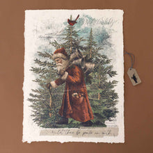 Load image into Gallery viewer, paper-print-peace-on-earth-with-santa-caring-bells-amongst-pines-with-a-cardinal-overseeing