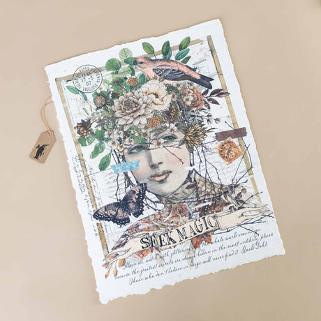 paper-print-seek-magic-with-a-woman's-face-with-a-crown-of-flowers-bird-butterfly-and-script-faintly-surrounding