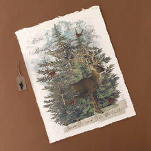 Load image into Gallery viewer, paper-print-love-the-road-take-the-trails-with-image-of-a-deer-peeking-out-of-pines-with-red-cardinals-all-around