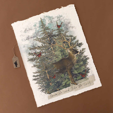 paper-print-love-the-road-take-the-trails-with-image-of-a-deer-peeking-out-of-pines-with-red-cardinals-all-around