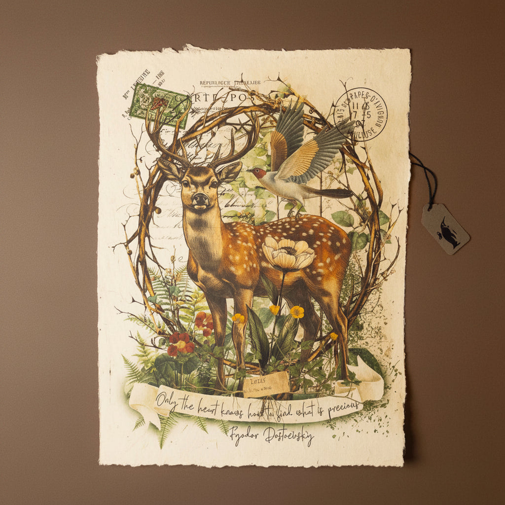 paper-print-the-heart-knows with a deer, flowers, and text on a textured background
