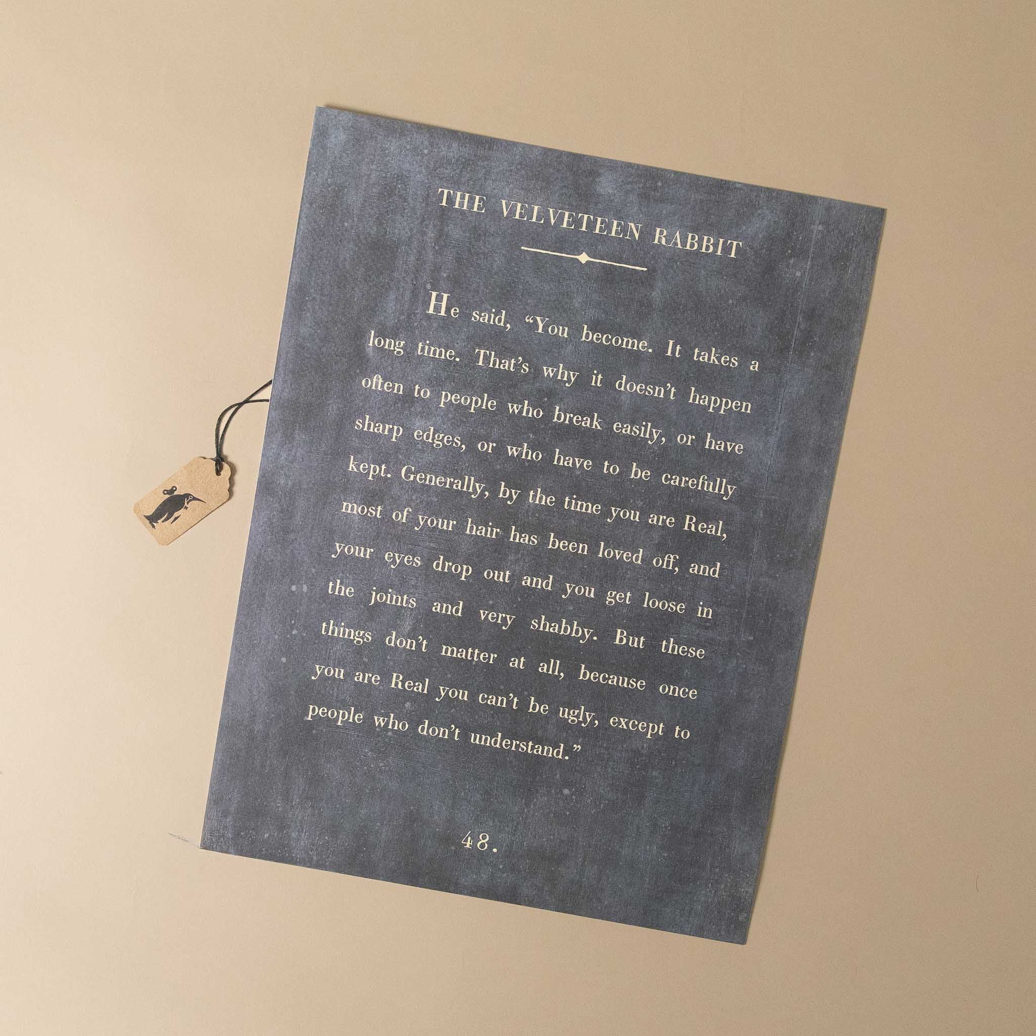 Text from 'The Velveteen Rabbit' on a dark blue background with a tag attached.