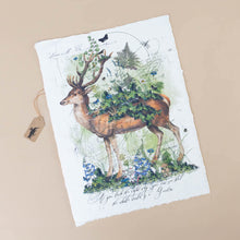 Load image into Gallery viewer, paper-print-if-you-look-the-right-way-the-worlds-a-garden-with-deer-sourrounded-by-blue-flowers-butterflies-and-fauna-faint-script-layered-within