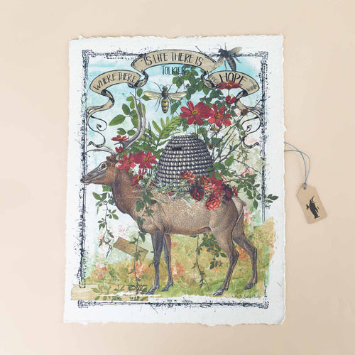 paper-print-where-there-is-life-there-is-hope-tolkien-with-deer-carrying-a-bee-hive-with-red-flowers-and-branches-surrounding