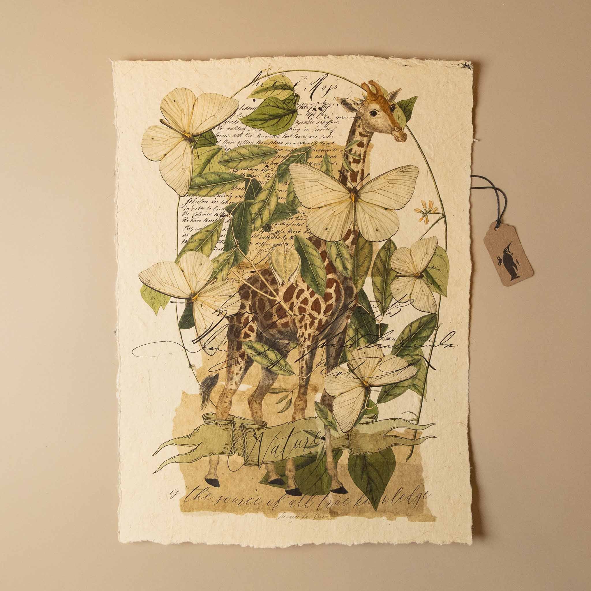 paper-print-true-knowledge with giraffes, butterflies, and leaves on a beige background