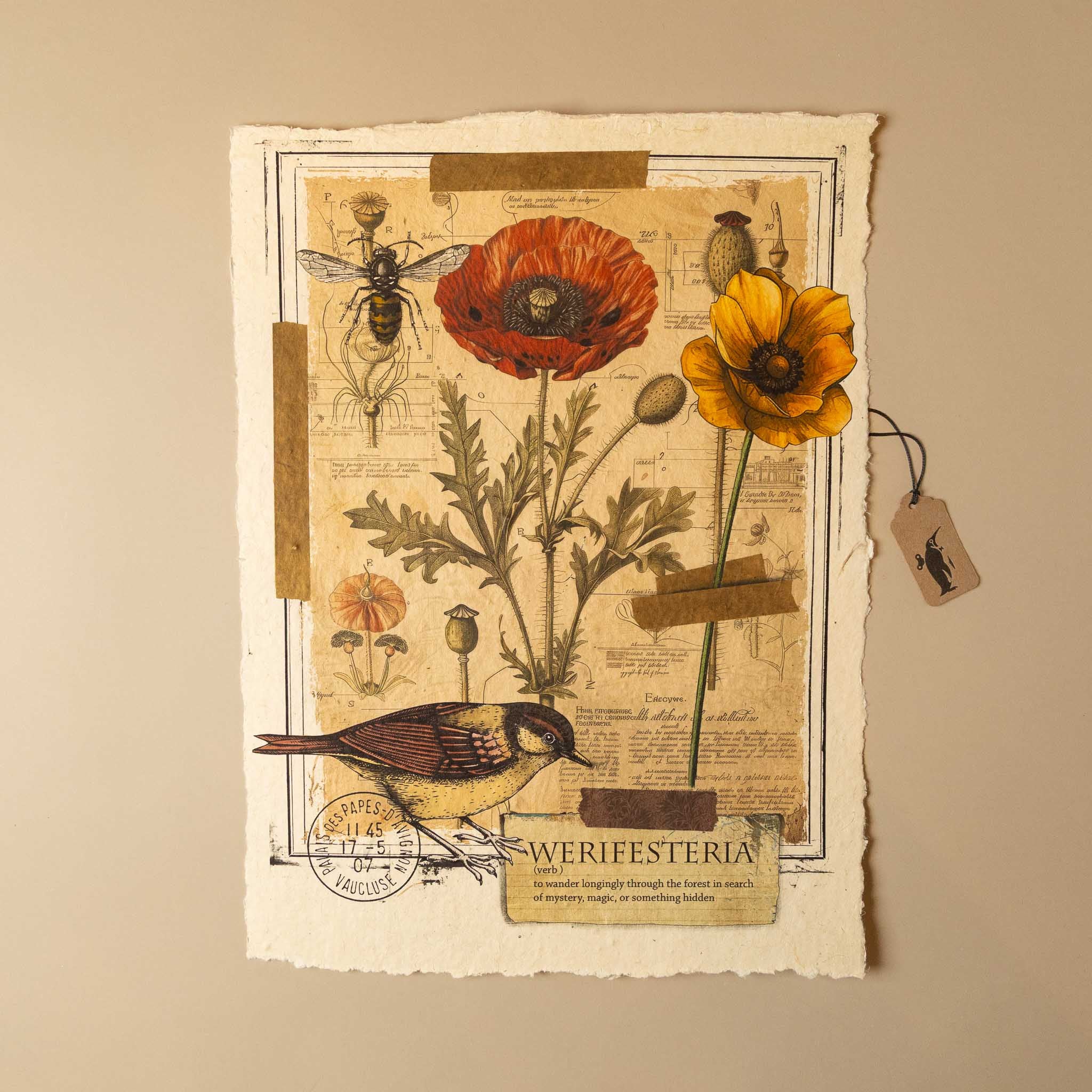 paper-print-werifesteria with vintage-style illustrations of flowers, a bee, and a bird on a beige background.