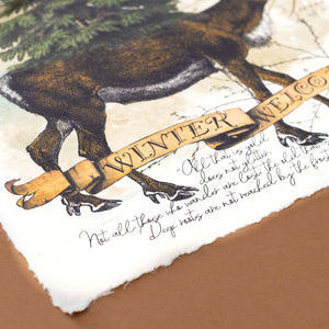 deckle-edge-with-prose-and-close-up-detail-of-print-with-greent-brown-and-black-ink