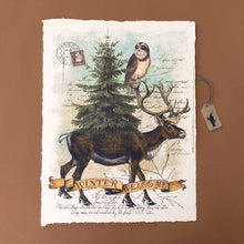Load image into Gallery viewer, paper-print-winter-welcome-with-an-owl-riding-along-on-a-deer&#39;s-antlerrs-with-a-pine-tree-on-his-back-and-sorounded-by-script-and-postmark-imagery
