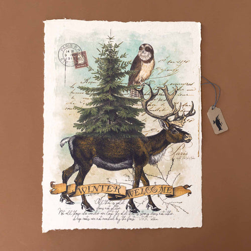 paper-print-winter-welcome-with-an-owl-riding-along-on-a-deer's-antlerrs-with-a-pine-tree-on-his-back-and-sorounded-by-script-and-postmark-imagery