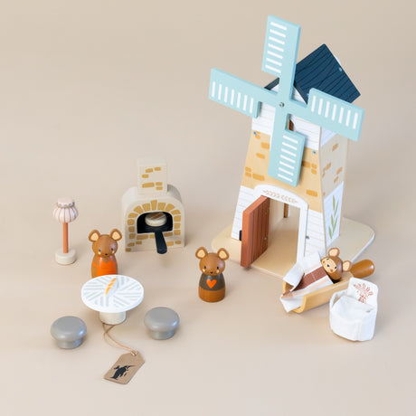 penny-windmill-play-set-with-3-mice-an-outdoor-pizza-oven-table-lamp-chairs