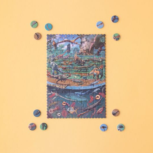 petite-24-piece-observation-puzzle-dinosaurs Jigsaw puzzle with completed pieces on a yellow background