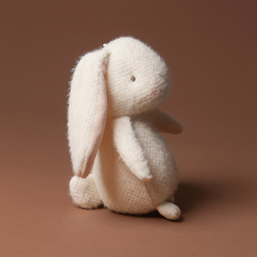 White plush petite-bun-bun-bunny toy on a brown background