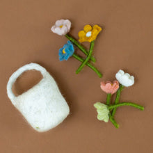 Load image into Gallery viewer, petite-felted-flower-basket-oatmeal-rose-lavendar-sea-blue-white-and-mint-flowers