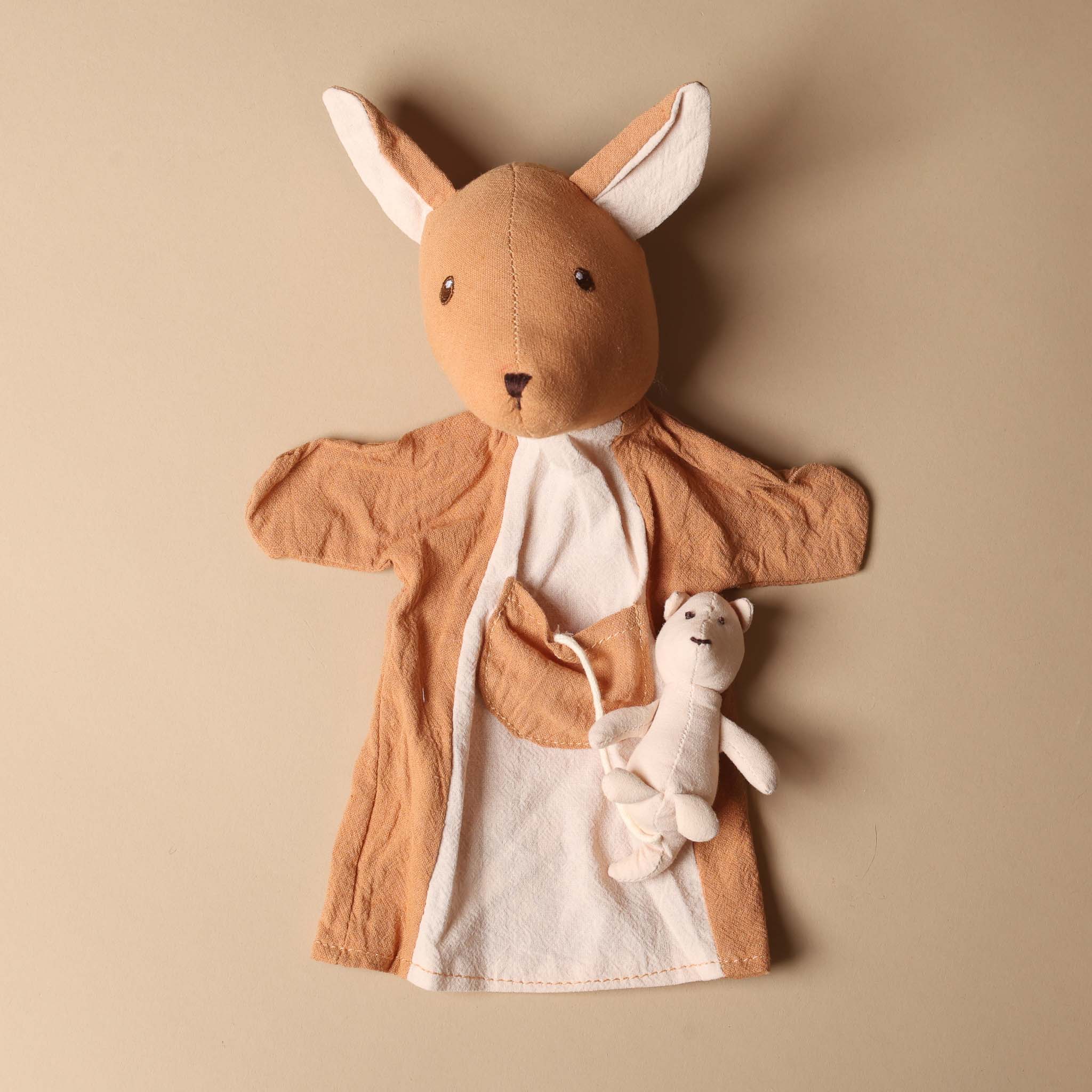 Brown petite-kangaroo-hand-puppet toy with white accents on a beige background