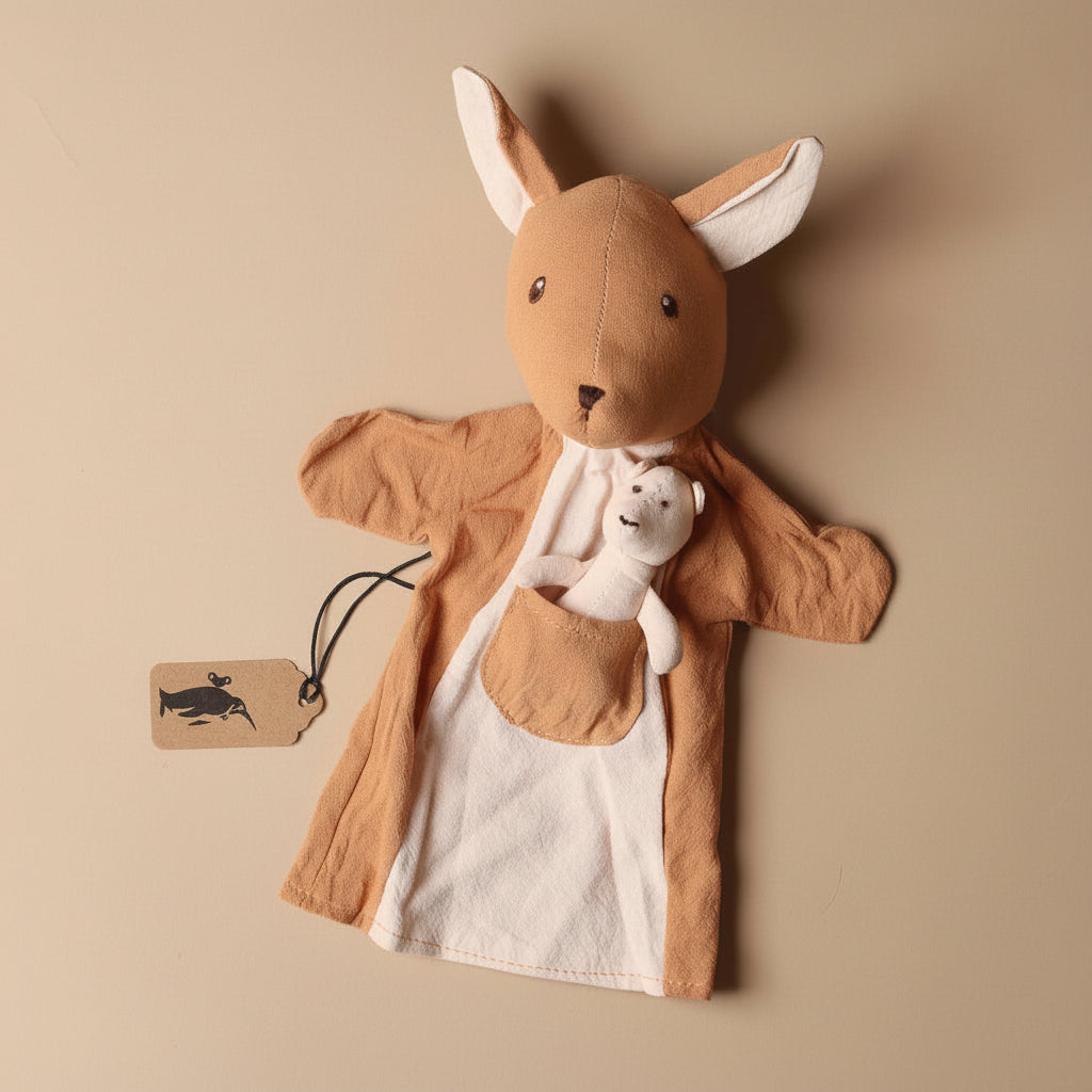 Stuffed toy kangaroo puppet with a baby plush toy inside, on a beige background